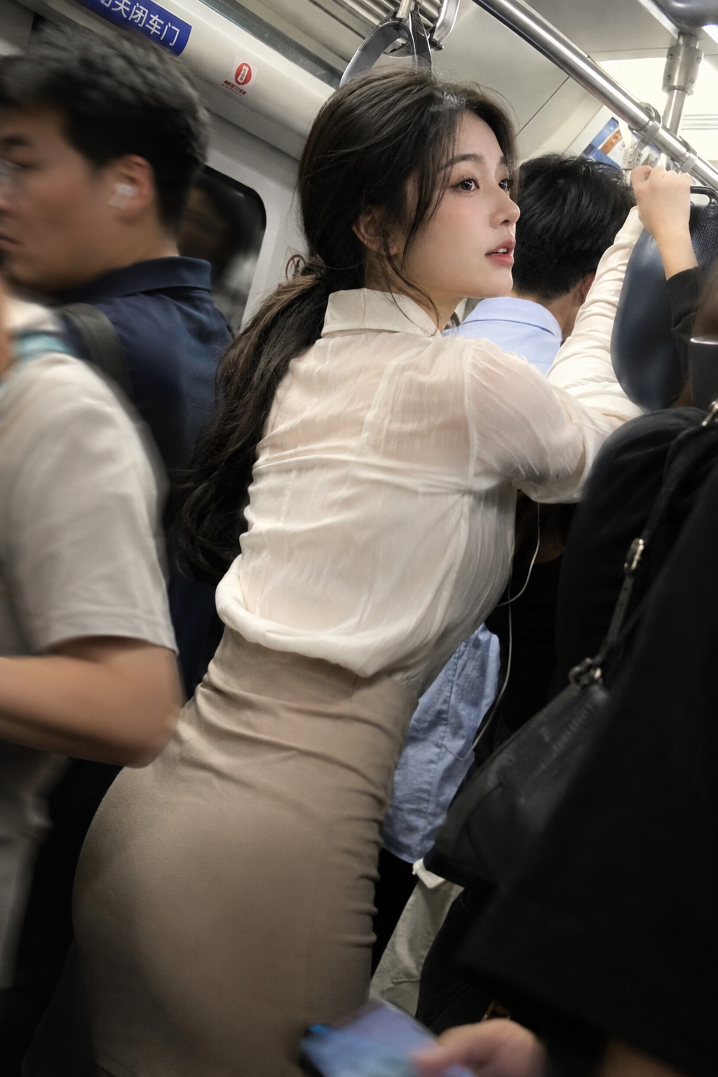 请根据主题“拥挤的通勤地铁上，一位惊艳的女子，让人忍不住多看一眼”创作一幅图像。她是一位20岁的女性，拥有精致的美貌，自然而然地吸引着所有人的目光。她有着柔软的黑色长发，扎成低马尾。她有着大大的双眼皮、轮廓分明的鼻梁和略带光泽的嘴唇。她的脸型小巧，脖颈修长优雅，身材纤细却不失女性的柔美曲线。她身着一件轻薄的白色衬衫和一条米色紧身裙。衬衫略带半透明质感，并带有自然的褶皱。场景设定在拥挤的早班列车上。她正抓着扶手，似乎在即将失去平衡的瞬间被捕捉到。照片是从乘客的视角，以斜后方的角度拍摄的，镜头略微向上。她看起来自然放松，似乎并未察觉到镜头的存在。图像略带动态模糊和粗略的构图。