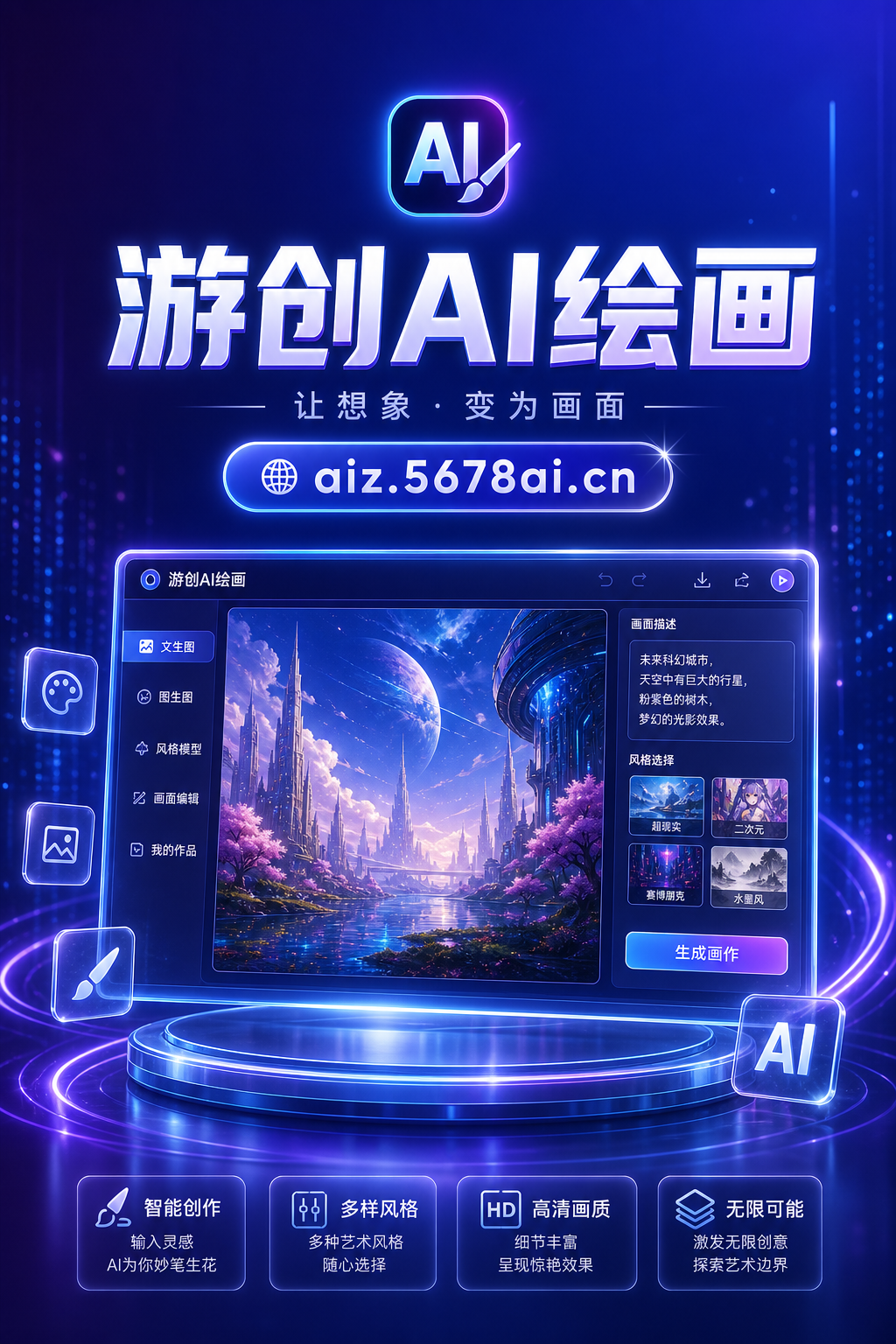 正向提示词：游创AI绘画宣传图，主标题“游创AI绘画”，网址“aiz.5678ai.cn”，科技感商业海报，蓝紫渐变背景，AI绘画界面元素，发光线条，数字粒子，柔和霓虹光，高级玻璃质感，画面干净，中心构图，文字清晰醒目，专业宣传设计，高清精致

负向提示词：低清晰度，模糊，乱码文字，错别字，多余文字，水印，排版混乱，过曝，欠曝，噪点，变形，杂乱背景，劣质设计，色彩脏乱，边缘粗糙