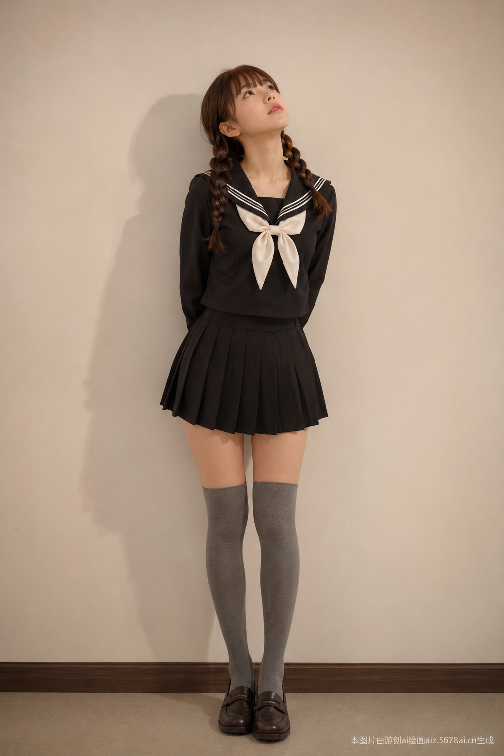 （杰作，最高画质，超精细:1.2），1个女孩，单人，[黑色水手制服（领口白色条纹镶边+大白色领结）]，黑色百褶迷你裙，灰色过膝长袜，棕色双麻花辫+齐刘海，仰头姿势，柔和暖调室内光，纯色浅墙背景，写实渲染，焦点清晰，全身构图，真实皮肤光影，优雅站姿。 在图片右下角添加水印：本图片由游创ai绘画aiz.5678ai.cn生成